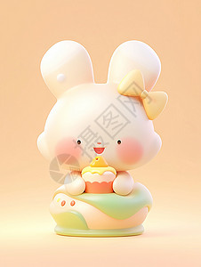 小鸡蛋糕抱着蛋糕开心笑头上戴黄色蝴蝶结的卡通小白兔插画