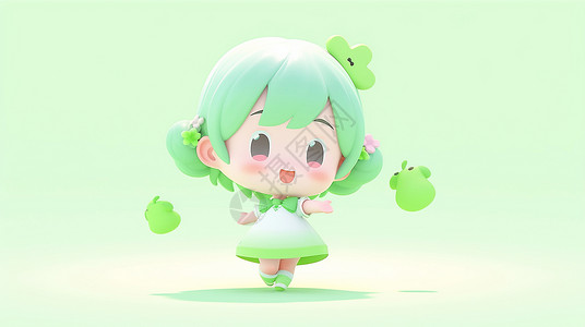 马卡龙色背景穿着绿色公主裙开心跳舞的卡通小女孩插画