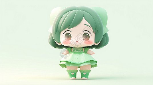 绿色短发大眼睛漂亮的卡通女孩穿着绿色小裙子背景图片