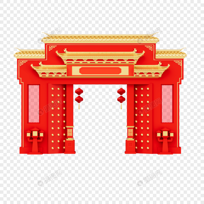 3D立体C4D新年春节开工大吉中式建筑大门石柱图片