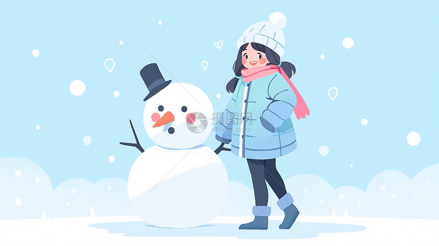 围着粉色围巾开心笑的卡通小女孩站在雪人身旁图片