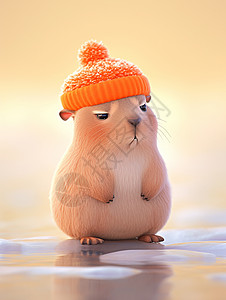 戴着橙色毛线帽站在地上的可爱卡通小仓鼠背景图片