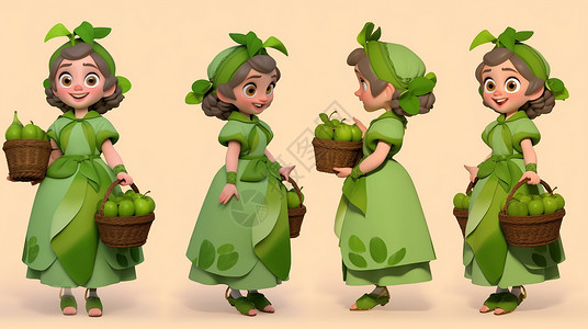 女孩提着篮子手提着水果篮面带微笑的卡通小女孩穿绿色裙子多视角插画