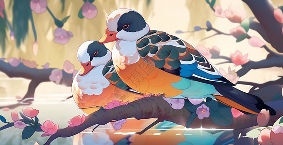 站在桃花树上两只漂亮的卡通鸳鸯鸟背景图片