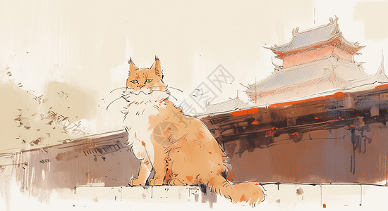 古风猫素材水彩风卡通猫在古风城墙外散步插画