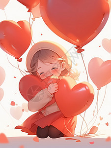 抱着爱心的女孩抱着红色爱心气球开心笑的卡通小女孩插画