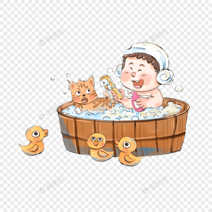 泡澡的男孩与猫咪图片