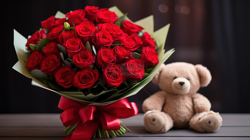 情人节一束红玫瑰和泰迪熊图片