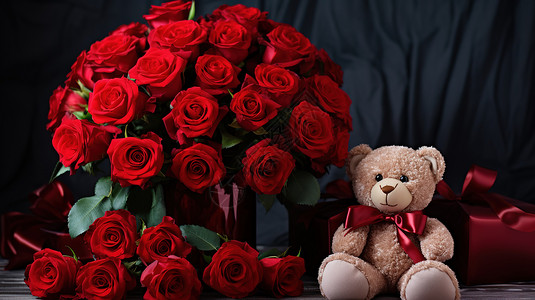 情人节花束和泰迪熊背景图片