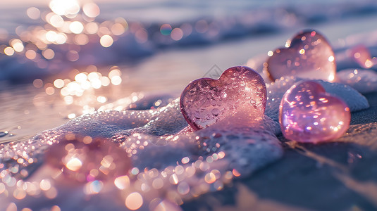 沙滩上浪漫粉色爱心背景图片
