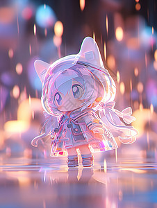 穿着雨衣在雨中梦幻可爱的立体卡通小女孩背景图片