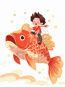 坐在红鲤鱼身上的可爱卡通小男孩背景图片