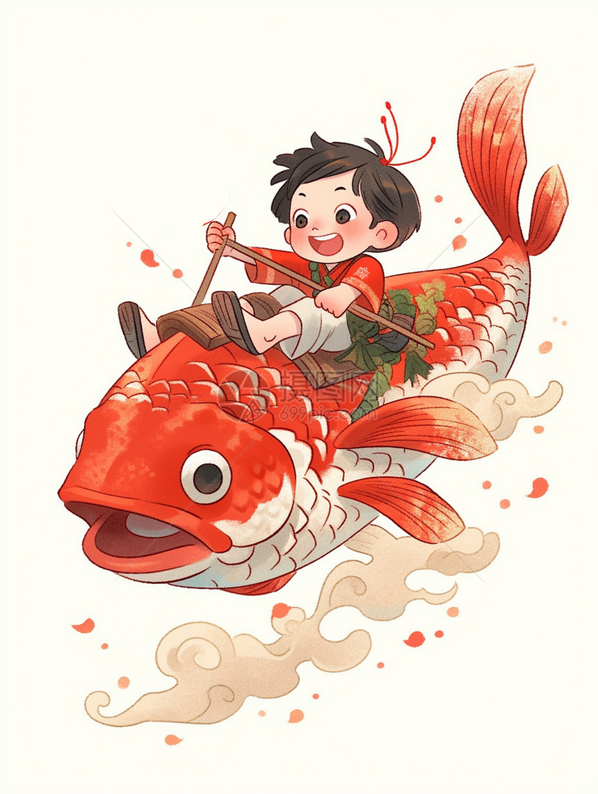 穿着红色古风服装的卡通小男孩骑在红色巨型鲤鱼上穿梭在祥云间图片