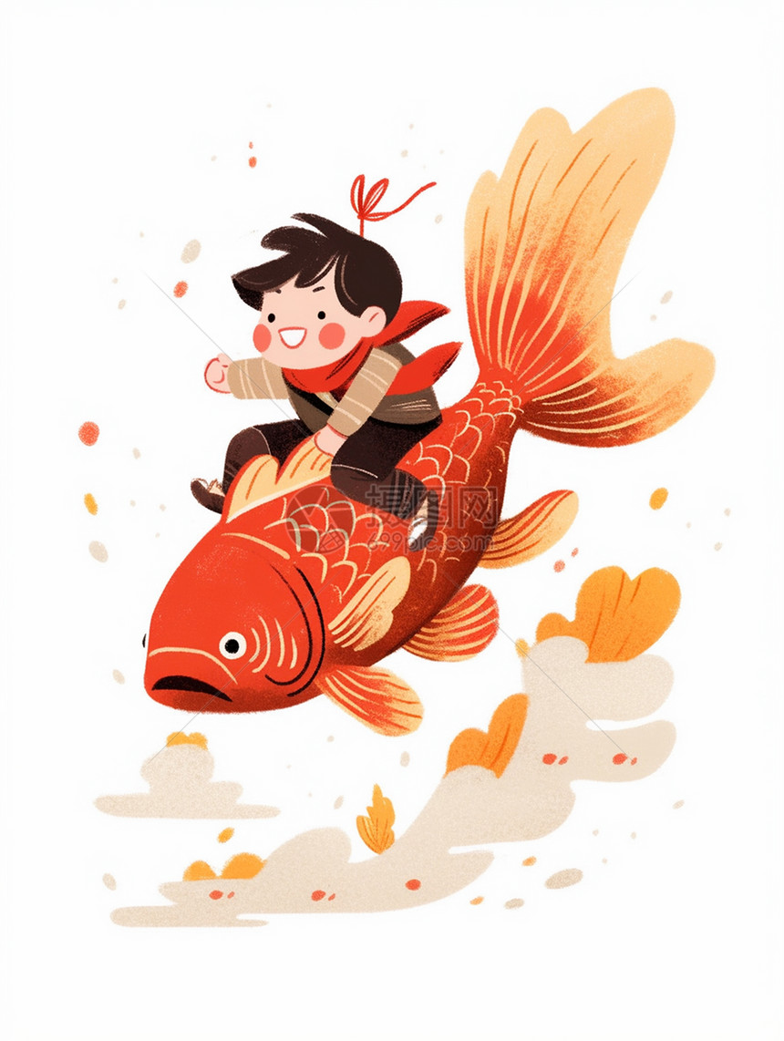骑着红色大大的鲤鱼飞奔的卡通小男孩插画图片
