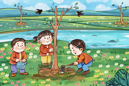 公益植树展板手绘植树节之儿童种树可爱插画插画