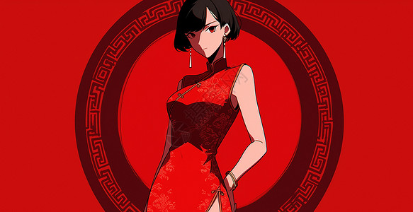 穿着喜庆红色旗袍的复古时尚卡通女人背景图片
