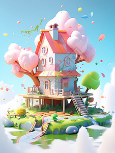 小岛上有一座可爱的卡通小房子生长着粉色树高清图片