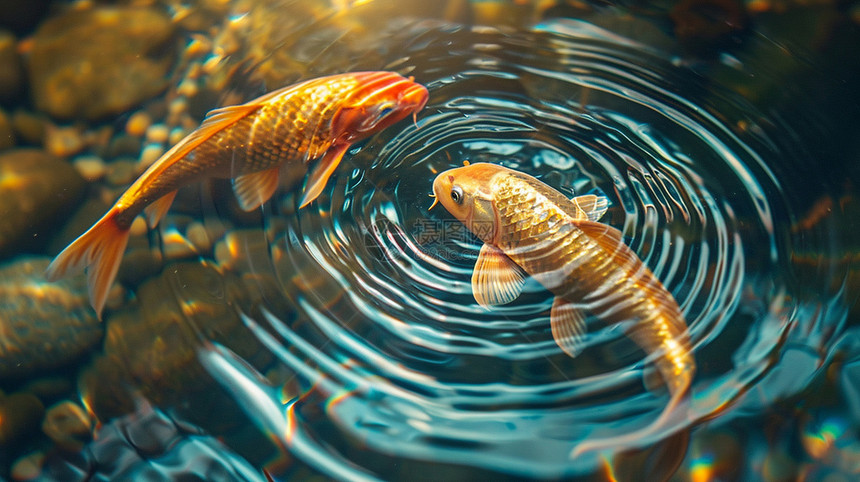 清澈小谭水中两条金色的鲤鱼在游泳图片