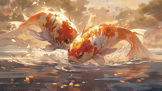 跳出水面的两条肥胖的卡通鲤鱼高清图片