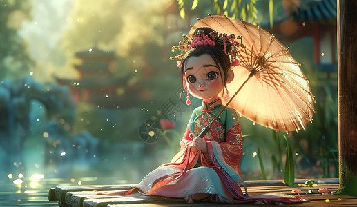 坐在湖畔手拿着伞开心笑的古风卡通女孩在欣赏风景背景图片