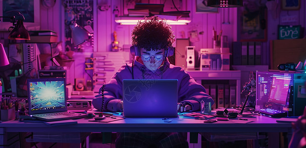 男孩加班夜晚坐在电脑前 努力加班干活的卡通男青年插画