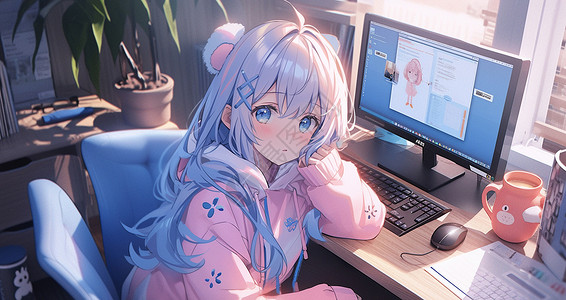 电脑卡通穿着粉色卫衣坐在电脑桌前小清新漂亮的卡通女孩插画