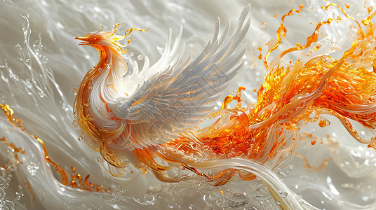 长长的橙色尾巴飞起来的卡通凤凰鸟背景图片