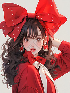 头上戴着红色大大的蝴蝶结的卡通女孩背景图片