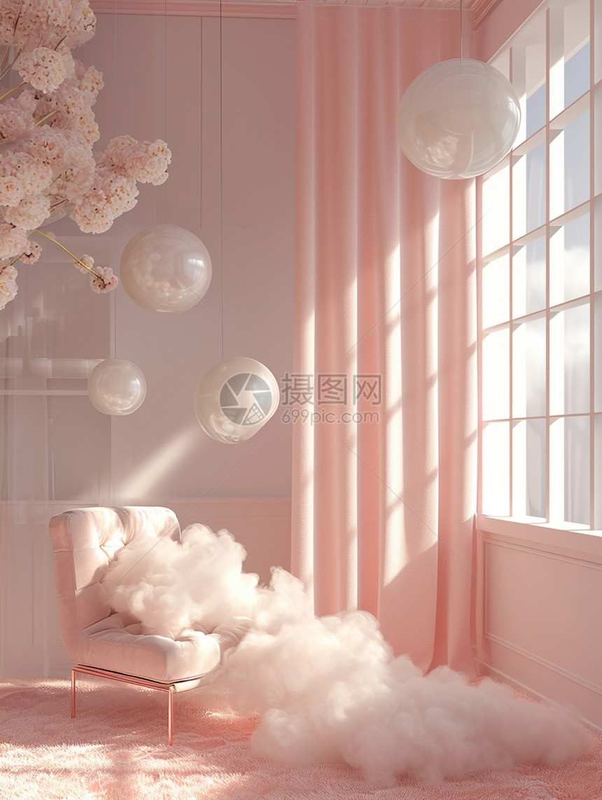 抽象的淡粉色主题卡通客厅中一把椅子上有很多软绵绵的漂亮卡通云朵纱图片