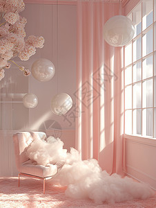 试婚纱抽象的淡粉色主题卡通客厅中一把椅子上有很多软绵绵的漂亮卡通云朵纱插画
