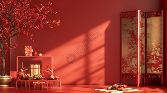 中国风门窗红色喜庆的中国风卡通背景插画