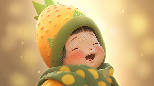 戴着黄色菠萝帽子的卡通女孩在开心笑背景图片