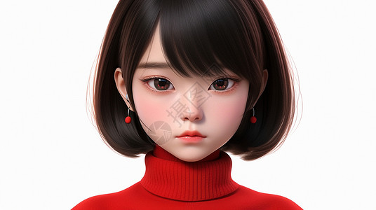 黑色短发的卡通女孩戴着喜庆的红珠耳钉背景图片