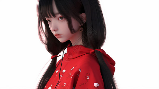 穿着喜庆的红色卫衣黑色长发小清新漂亮的卡通女孩背景图片
