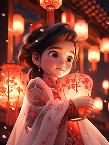 夜晚在参加灯会的古风装扮卡通小女孩抱着大大的灯笼背景图片