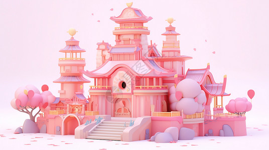 粉色立体漂亮漂亮的卡通古建筑场景背景图片
