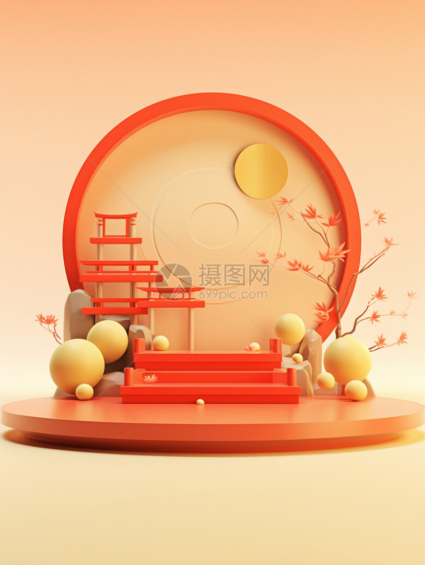中国风红色喜庆的立体卡通舞台电商卡通背景图片