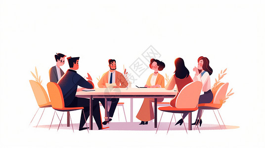 会议背景红色坐在会议桌前认真开会的卡通商务人士插画