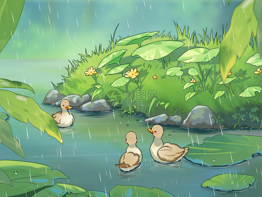 二十四节气雨水手绘插画小鸭子图片