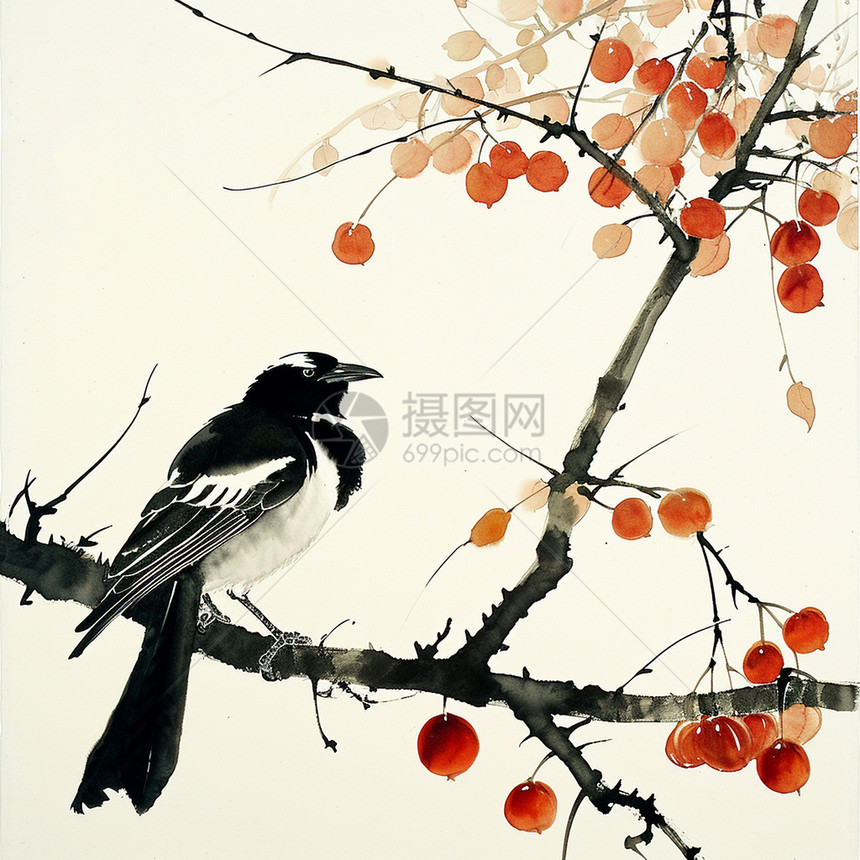 水墨风小清新卡通中国画在结满果实枝头上的卡通喜鹊图片