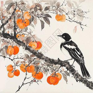 喜鹊吃柿子在树上的一只可爱的卡通小鸟中国画插画