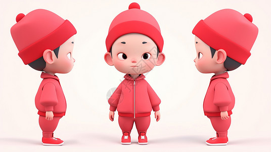 穿着红色套装可爱的卡通小男孩戴着红色帽子多视角背景图片