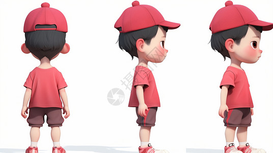 戴着红色棒球帽的卡通小男孩多视角卡通形象背景图片