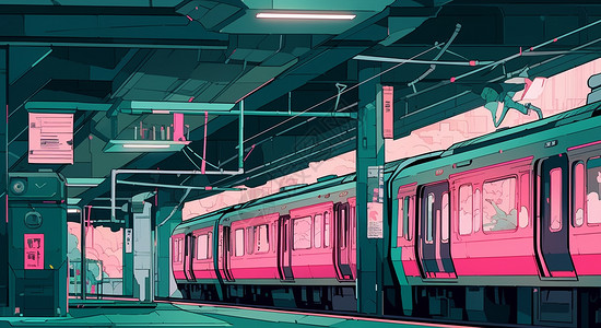 在地铁车站的粉色条纹卡通地铁背景图片