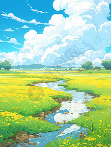 初春风景蓝天白云下绿草中一条小溪插画