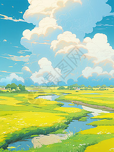 初春风景嫩绿色野外草地上一条小溪蓝蓝的天空下高高的云朵唯美卡通风景插画