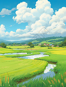 蓝天白白的云朵下一片嫩绿的草地与小溪背景图片