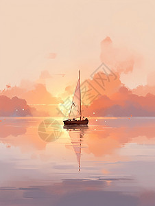 傍晚一艘小小的帆船停在湖面上高清图片