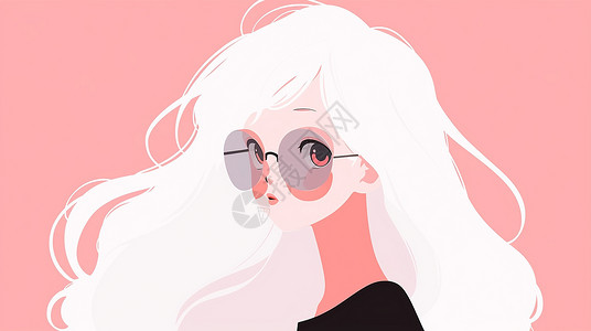 小清新白色长发卡通女孩戴着黑色透明墨镜背景图片