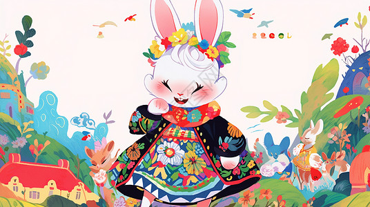 头上戴着花环穿着花衣服的可爱卡通小白兔背景图片